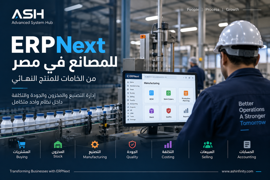 ERPNext للمصانع في مصر وإدارة دورة التصنيع من الخامات إلى المنتج النهائي